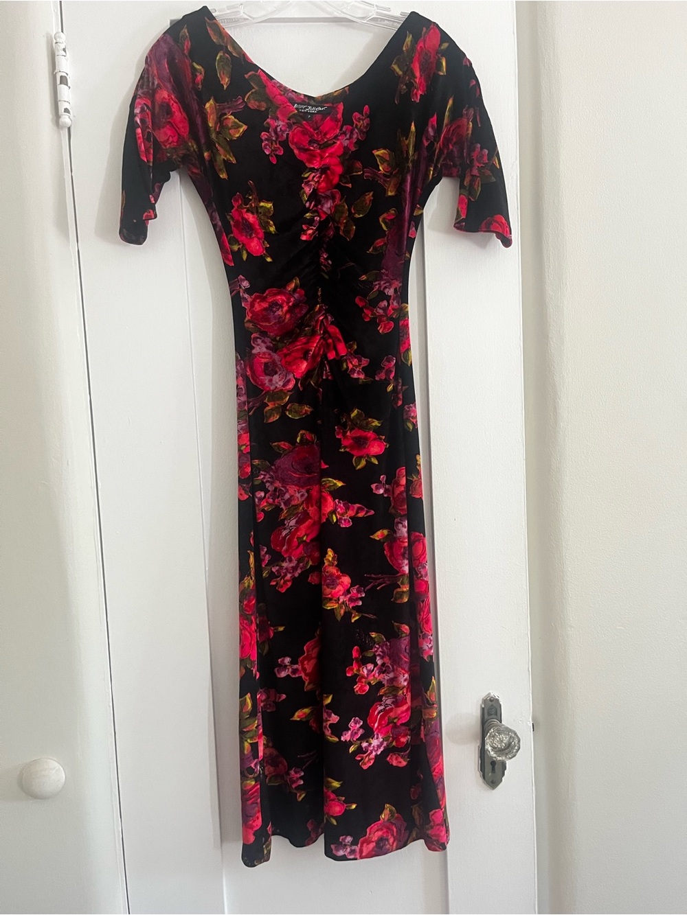 Vintage 90s Betsey Johnson New York Velvet Rose Floral Ruched Midi Dress Petite